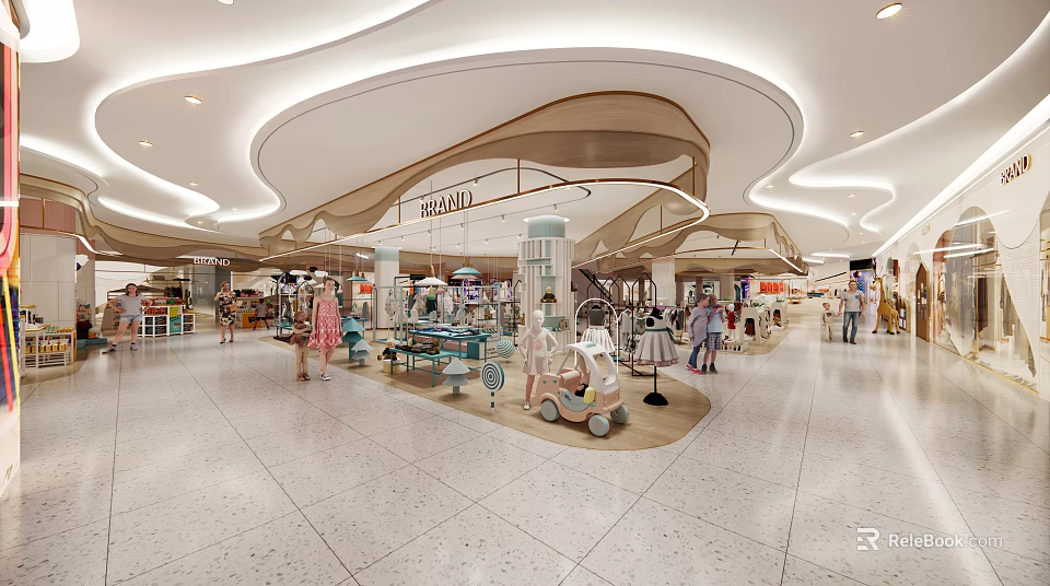 Bright Spacious Mall Store Interior With Shoppers And Stylish Product Displays 3d model 