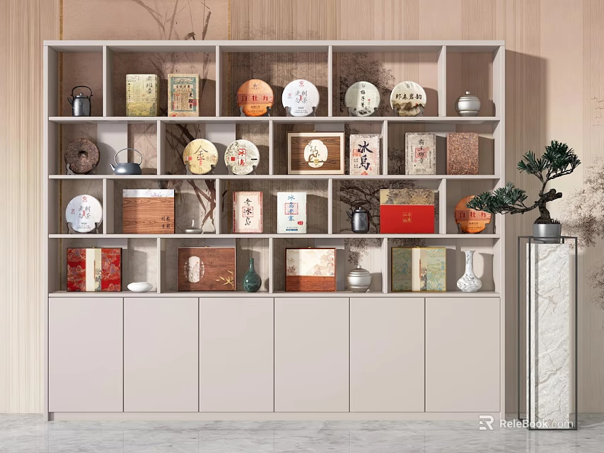 Layered Tea Cabinet With Tea Sets Boxes Jars And Decorative Items 3d model