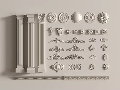 Various Gypsum Moldings Including Columns Round Ornaments And Decorative Patterns For Interior Decoration 3d model