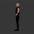Bald Man In Black Vest With Studded Pants And Boots Arms Outstretched Gray Background