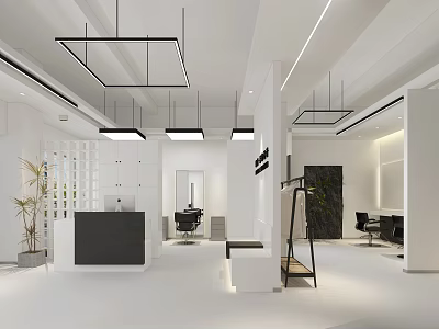 Modern Beauty Hair Salon Interior Design With White Decor Reception Desk Hairdressing Chairs And Mirrors 3d model