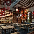 Traditional Chinese Tea House Interior With Hanging Red Lanterns Wooden Tables And Classic Decor