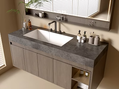 Modern Bathroom Vanity Featuring Gray Countertop Wooden Doors Faucet Mirror And Bottles 3d model