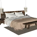 Double Bed with Wooden Headboard White Pillows Beige Bedding Nightstands Hanging Lamps and Beige Rug