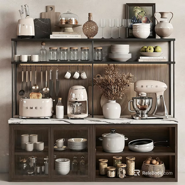 Elegant Modern Kitchenware Organized On Layered Shelves With Coffee Maker Blender Pots Dishes And Jars 3d model 