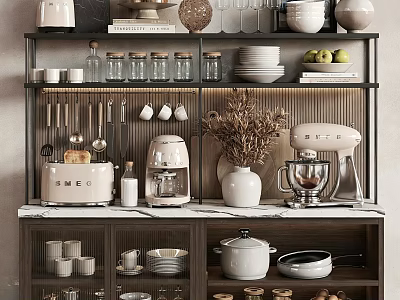 Elegant Modern Kitchenware Organized On Layered Shelves With Coffee Maker Blender Pots Dishes And Jars 3d model