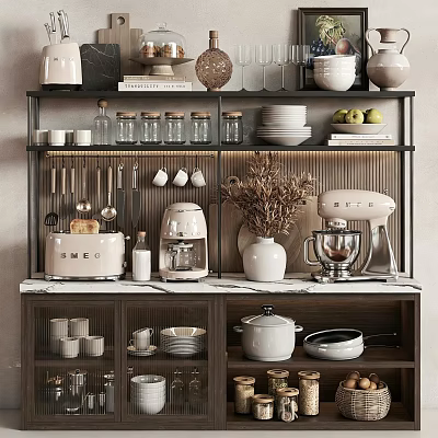 Elegant Modern Kitchenware Organized On Layered Shelves With Coffee Maker Blender Pots Dishes And Jars 3d model