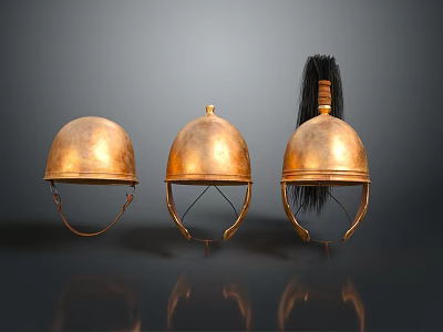 Three Golden Historical Military Helmets with Black Plume Decoration 3d model