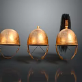 Three Golden Historical Military Helmets with Black Plume Decoration