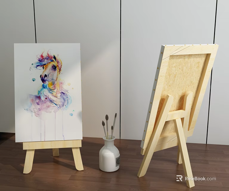 Watercolor Unicorn Painting On Easels With Paintbrushes In White Vase And Wooden Floor 3d model 