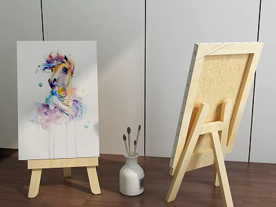 Watercolor Unicorn Painting On Easels With Paintbrushes In White Vase And Wooden Floor 3d model