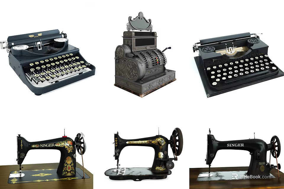 Vintage Industrial Equipment Assortment Showcasing Classic Typewriters Cash Registers and Sewing Machines 3d model 