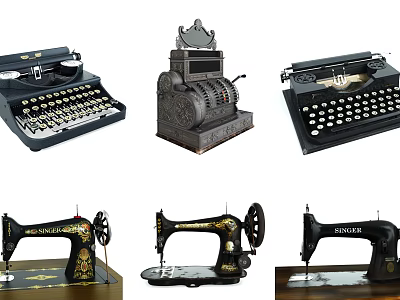 Vintage Industrial Equipment Assortment Showcasing Classic Typewriters Cash Registers and Sewing Machines 3d model