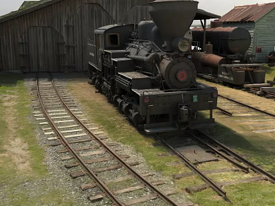 Old Steam Locomotive on Train Tracks Near Wooden Building and Oil Tank Car 3d model