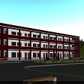 Red Brick Multi Story School Building With Windows Balconies Front Square And Green Trees