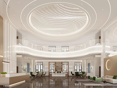 Front Desk Reception In Modern Lobby With Circular Ceiling Decoration And Elegant Lighting 3d model