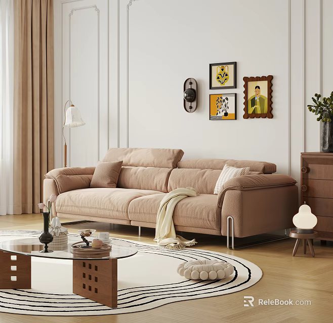 Modern Chic Beige Fabric Sofa and Glass Coffee Table Set With Throw Pillows Blanket Rug 3d model 