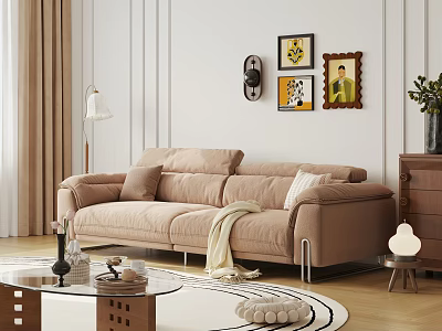 Modern Chic Beige Fabric Sofa and Glass Coffee Table Set With Throw Pillows Blanket Rug 3d model