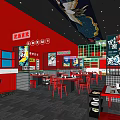 Vibrant Red Hotpot Restaurant Interior With Bird Ceiling Decor Wall Posters And Red Furniture
