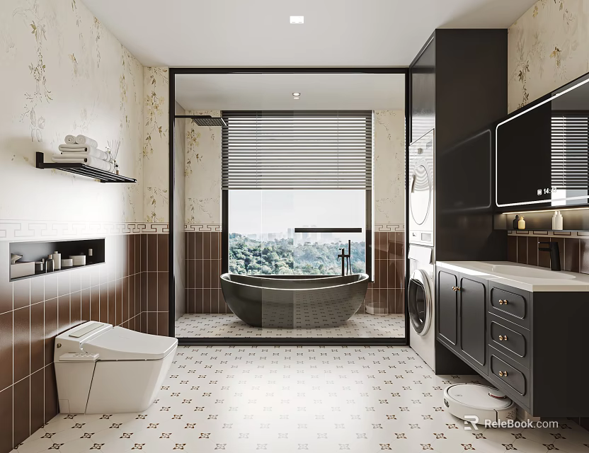 Elegant Retro Bathroom With Freestanding Bathtub Smart Toilet Dark Vanity And Large View Window 3d model 