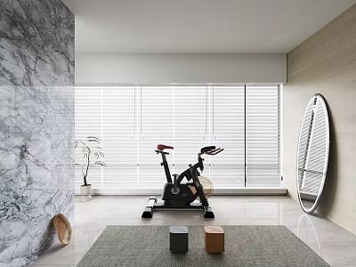 Modern Indoor Space With Exercise Bike Surfboard And Fitness Accessories Near Marble Wall 3d model