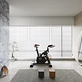 Modern Indoor Space With Exercise Bike Surfboard And Fitness Accessories Near Marble Wall