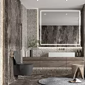 Modern Bathroom With Marble Walls Lighted Mirror Wooden Vanity And Glass Shower