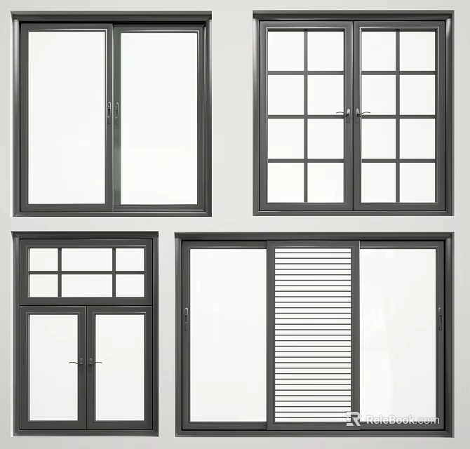 Modern Casement Windows With Gray Frames And Various Pane Designs 3d model