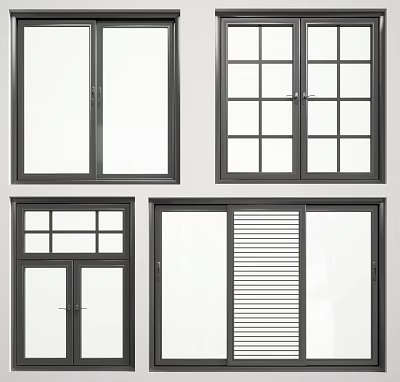 Modern Casement Windows With Gray Frames And Various Pane Designs 3d model