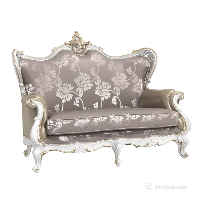 Elegant European Style Sofa With Ornate Carved Frame And Floral Patterned Fabric 3d model 