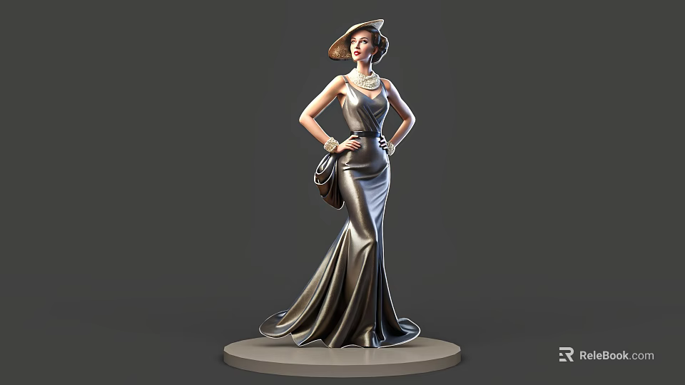 Elegant 3D Model Woman In Long Dress With Hat And Handbag On Pedestal 3d model 