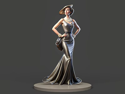 Elegant 3D Model Woman In Long Dress With Hat And Handbag On Pedestal 3d model
