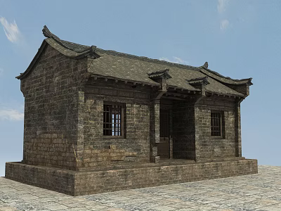 Traditional Ancient Architecture With Stone Brick Walls Tiled Roof And Lattice Windows 3d model