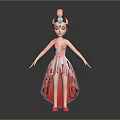 Female Character Wearing Pink Dress with Feather Head Decoration Flower Patterns and Red Shoes