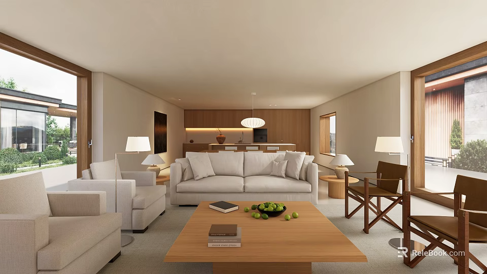 Modern Open Concept Living Dining Room with White Sofa Wooden Coffee Table Fruits and Books 3d model 