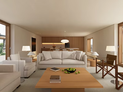 Modern Open Concept Living Dining Room with White Sofa Wooden Coffee Table Fruits and Books 3d model