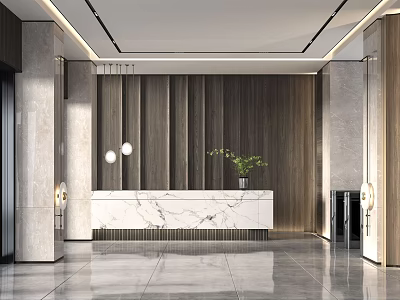 Modern Reception Area Design With Marble Desk Wooden Panel Wall Pendant Lights And Green Plant 3d model