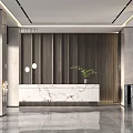 Modern Reception Area Design With Marble Desk Wooden Panel Wall Pendant Lights And Green Plant