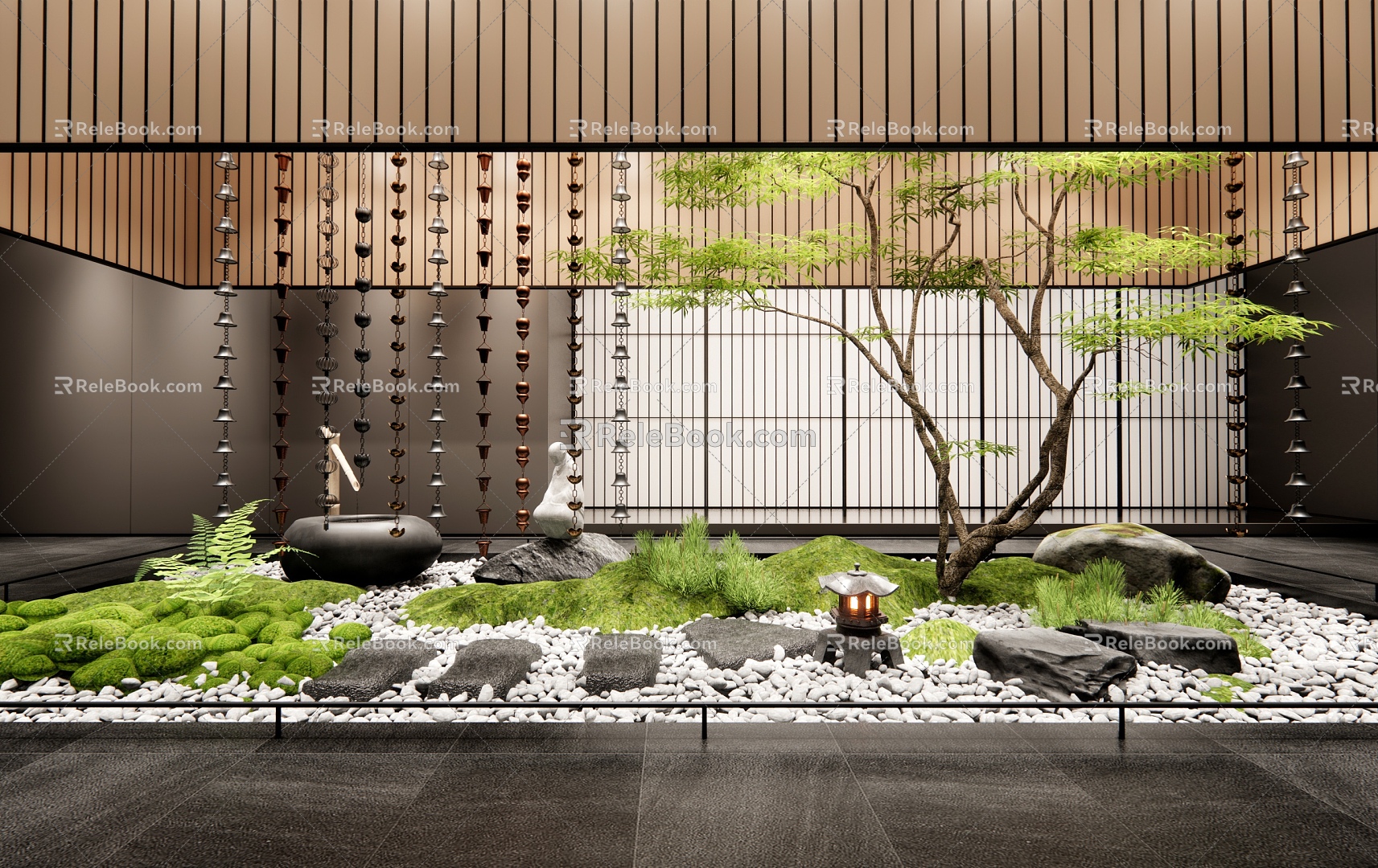 New Chinese style interior landscape landscaping courtyard sketch Tingbu stone head water bowl plant landscape moss 3d model