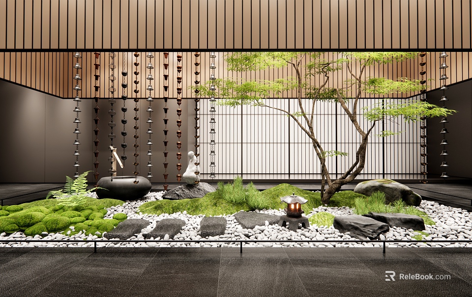 Tranquil Indoor Landscape With Wooden Slat Wall Lattice Screen Greenery Stones And Mossy Grass 3d model 