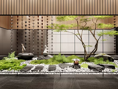 Tranquil Indoor Landscape With Wooden Slat Wall Lattice Screen Greenery Stones And Mossy Grass 3d model