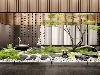 New Chinese style interior landscape landscaping courtyard sketch Tingbu stone head water bowl plant landscape moss 3d model