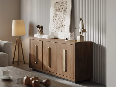Elegant Modern Walnut Entryway Side Cabinet With Brass Handles And Decorative Items 3d model