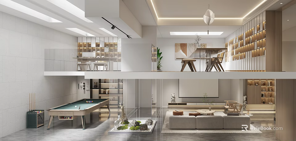 Modern Basement Interior Design With Lounge Sofa Coffee Table And Open Layout 3d model