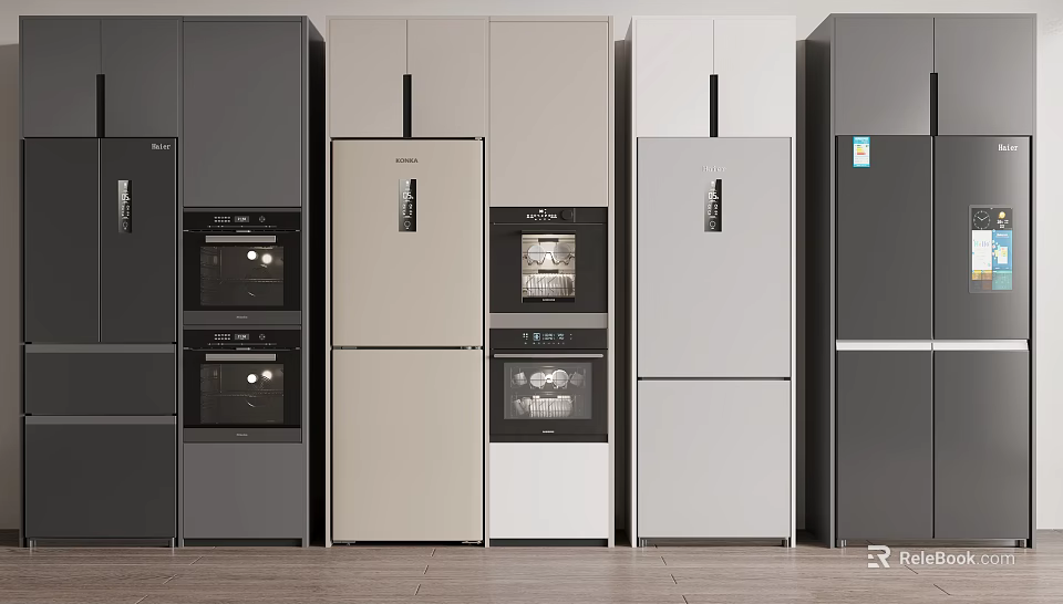 Modern Refrigerators And Freezers Side By Side In Sleek Design With Various Colors 3d model 