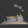 Cartoon Scenic Circular Garden With Stone Wall Tree And Decorative Plants