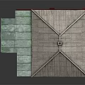 Traditional Residential House With Gray Roof Chimney White Brown Blue Walls Multiple Windows And Red Door