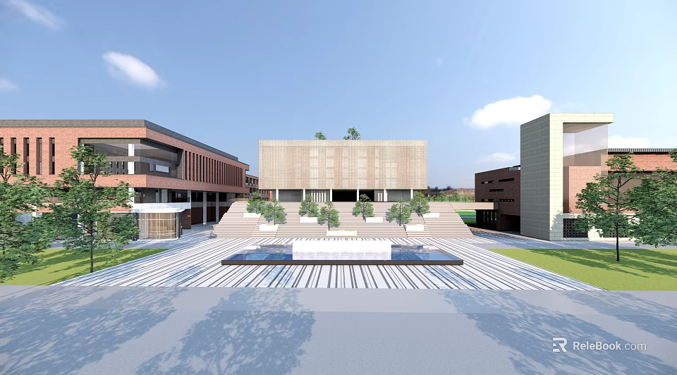 Modern School Campus Building With Central Plaza Terraced Steps And Landscaped Gardens 3d model 