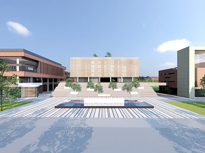 Modern School Campus Building With Central Plaza Terraced Steps And Landscaped Gardens 3d model