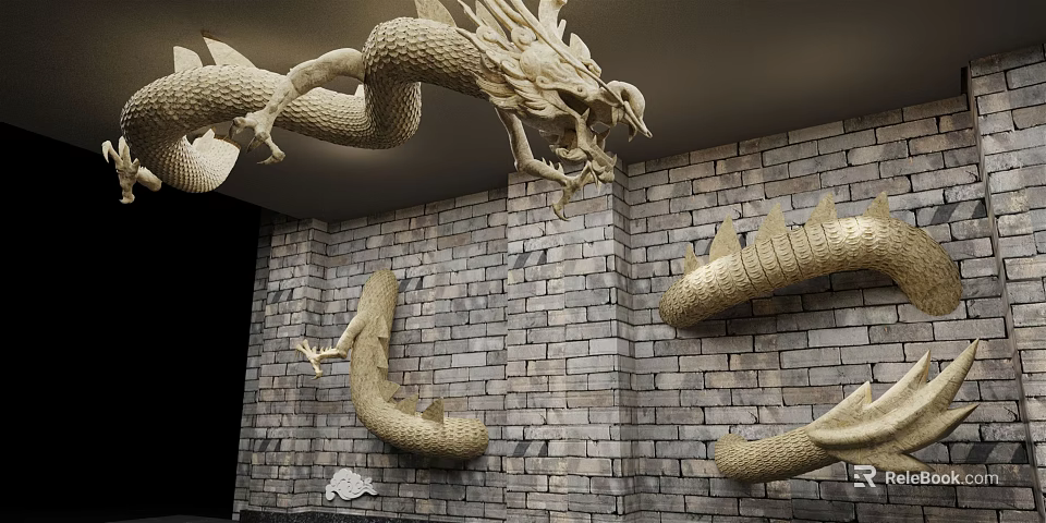 Artistic Golden Dragon Sculptures Hanging On Brick Wall With Detailed Design 3d model 